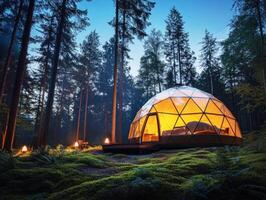 Geodesic dome nestled in serene forest at twilight photo