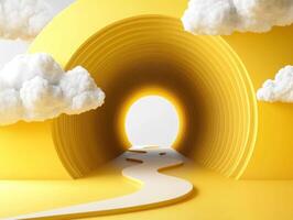 Bright yellow pathway leads through spiral tunnel and clouds into open light at artistic location photo