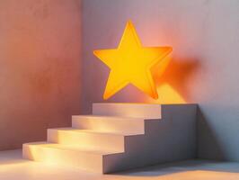 Bright star sculpture illuminated on a modern stairway with soft light in a minimalistic setting photo