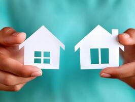 Hands holding paper house models representing real estate decisions and home ownership dynamics in a modern setting photo