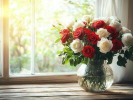 Beautiful arrangement of red and white roses in a glass vase on a wooden windowsill in soft sunlight photo