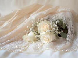 Elegant bridal bouquet resting on delicate lace fabric with soft roses and greenery for a wedding ambiance photo