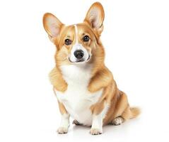 Corgi sits proudly on a clean white background, showcasing its distinctive features and playful demeanor during a studio session photo