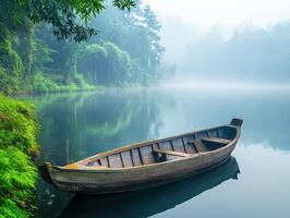 Calm boat resting on tranquil lake surrounded by misty forest in the early morning light photo