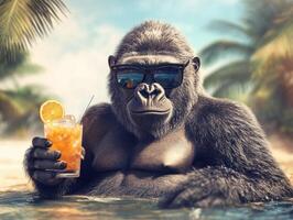Gorilla enjoying a tropical drink while relaxing in the water during a sunny day at the beach photo