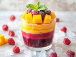 Colorful fruit parfait with layers of mango, raspberry, and blackcurrant served on a bed of ice photo