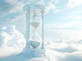 Hourglass suspended in clouds symbolizes the passage of time and the ethereal nature of dreams and aspirations photo