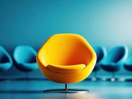 Bright yellow chair stands out in modern interior design with colorful blue chairs in the background during bright daylight hours photo
