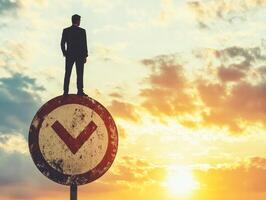 Businessman standing on traffic sign at sunset with dramatic clouds in the background photo