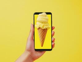Bright smartphone display showcasing a delicious yellow ice cream cone against a vibrant yellow background photo