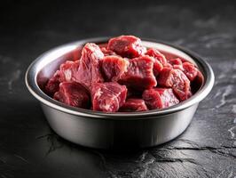 Fresh raw beef chunks for cooking on dark stone background photo