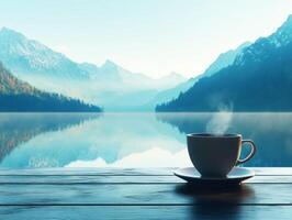 Morning coffee by the serene lake with majestic mountains in the background and steam rising from the cup photo
