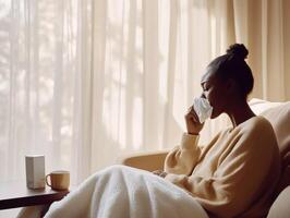 Woman in cozy sweater sipping tea while wrapped in blanket, enjoying a quiet moment at home in soft natural light photo