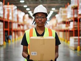 Worker in safety gear holds box in warehouse filled with shelving and packages during day photo