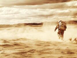 Astronaut exploring a barren landscape on an alien planet during a cloudy day photo