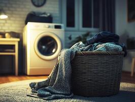 Laundry basket filled with clean clothes in a cozy laundry room during evening hours photo