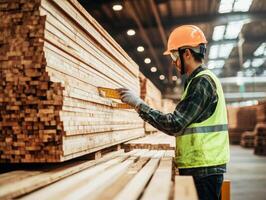 Worker measuring wood planks in a warehouse during daylight photo