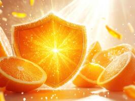Bright orange slices surrounding a glowing shield with sparkling effects in a vibrant setting photo