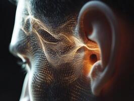 Creative depiction of sound waves illustrated on a human profile with intricate patterns near the ear photo
