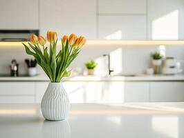 Bright tulips in a modern kitchen setting with soft lighting and minimalistic decor photo