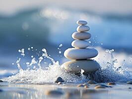 Building a peaceful stone tower on a beach with gentle waves splashing in the background during sunset photo