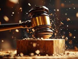 Gavel strikes wooden block, creating splinters in a courtroom setting during a legal proceeding photo