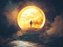 Mystical journey through a glowing portal with a lone figure ascending stone steps photo