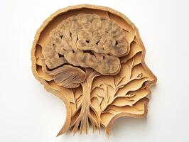 Wooden sculpture depicting a brain intertwined with a human face and foliage, showcasing artistic creativity and craftsmanship in a unique design photo
