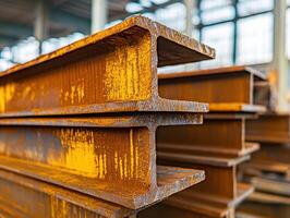 Steel beams stacked in industrial warehouse showcasing rust texture and geometric shapes in bright natural light photo