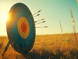 Archery target showcases arrows at sunset in a golden field during a tranquil evening photo