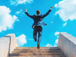 Man in suit celebrates success while running up outdoor stairs under blue sky with clouds photo