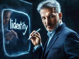 Professional man outlines identity concepts on a chalkboard in a dimly lit classroom photo