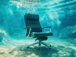 Office chair submerged in clear blue water surrounded by underwater rocks and bubbles photo
