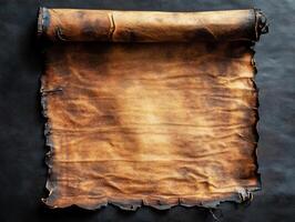 Ancient parchment scroll on a textured dark surface with a weathered appearance suggesting historical significance photo
