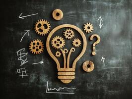 Creative brainstorming concept with light bulb and gears on chalkboard background photo