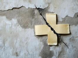 Repairing a crack on an old wall using a beige patch for restoration in a worn-out setting photo