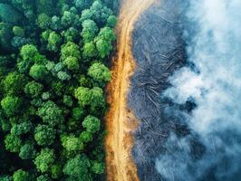 Deforestation causes destruction alongside lush green forest in contrasting landscape view photo