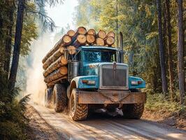Heavy logging truck transporting timber through a forest trail under morning sunlight photo