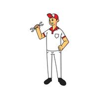 male mechanic character carrying a key to fix a problematic vehicle vector