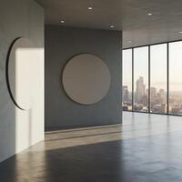 Empty room with large circular windows and a city view photo
