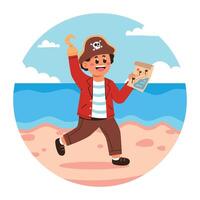 A cartoon pirate running on the beach with a map vector