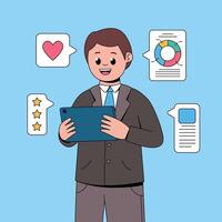 A man in a suit holding a tablet with icons vector
