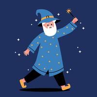 A wizard with a wand and hat is walking in the dark vector