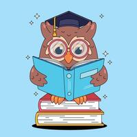 An owl wearing glasses and a graduation cap is reading a book vector