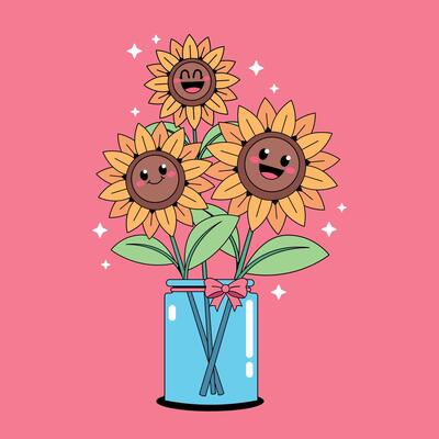 Sunflowers in a vase with a smiley face