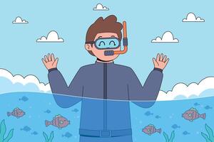 A man in a scuba suit is standing in the water with a fish vector