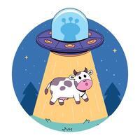A cartoon cow is flying in front of an alien spaceship vector