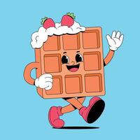 A cartoon waffle character running with a strawberry vector