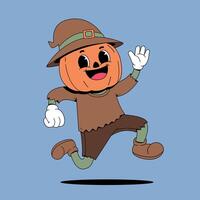 A cartoon pumpkin running with his hands up vector