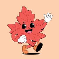 A cartoon character of a red maple leaf running vector
